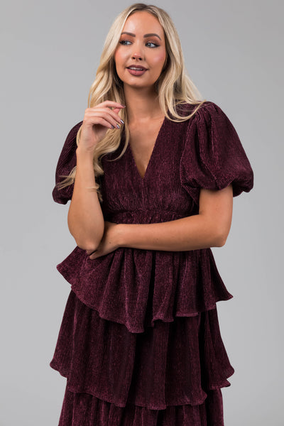 Hibiscus Metallic Thread Tiered Ruffle Maxi Dress