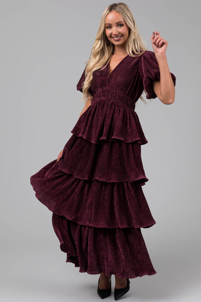 Hibiscus Metallic Thread Tiered Ruffle Maxi Dress