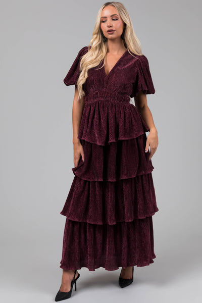 Hibiscus Metallic Thread Tiered Ruffle Maxi Dress