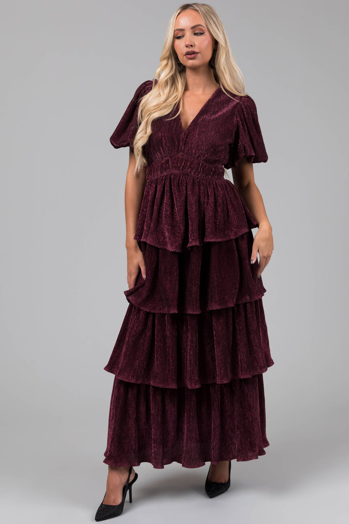 Hibiscus Metallic Thread Tiered Ruffle Maxi Dress