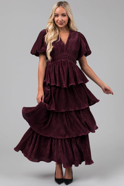 Hibiscus Metallic Thread Tiered Ruffle Maxi Dress
