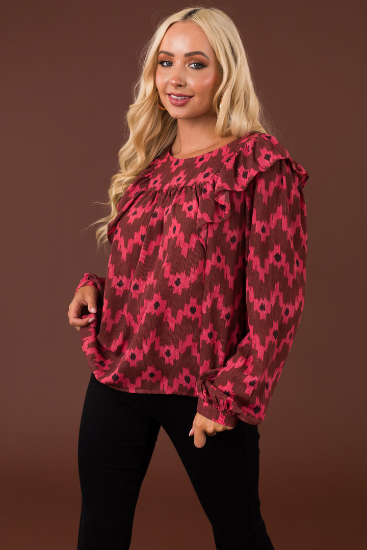 Hibiscus Patterned Blouse with Ruffle Detail