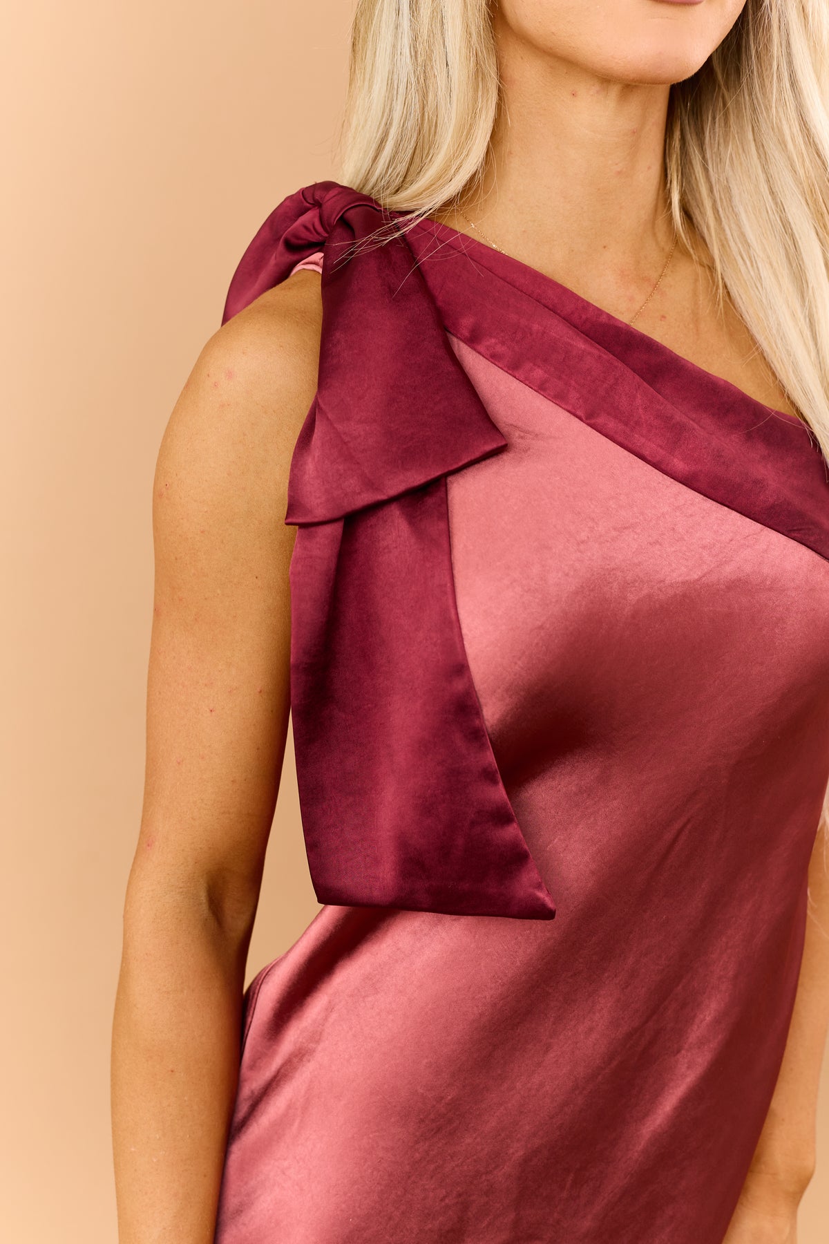 Hibiscus Rose Satin One Shoulder Maxi Dress
