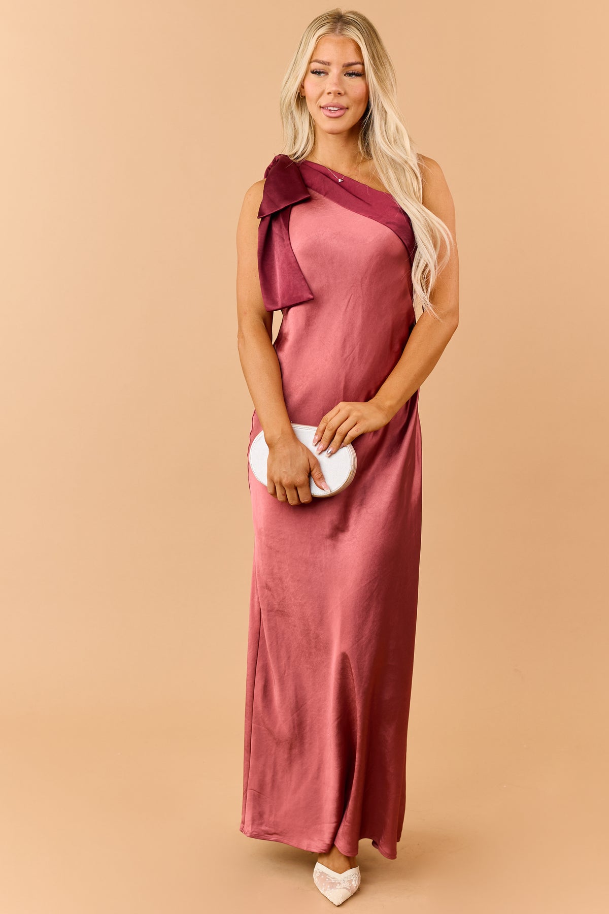 Hibiscus Rose Satin One Shoulder Maxi Dress