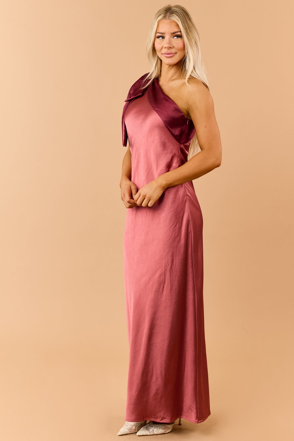 Hibiscus Rose Satin One Shoulder Maxi Dress