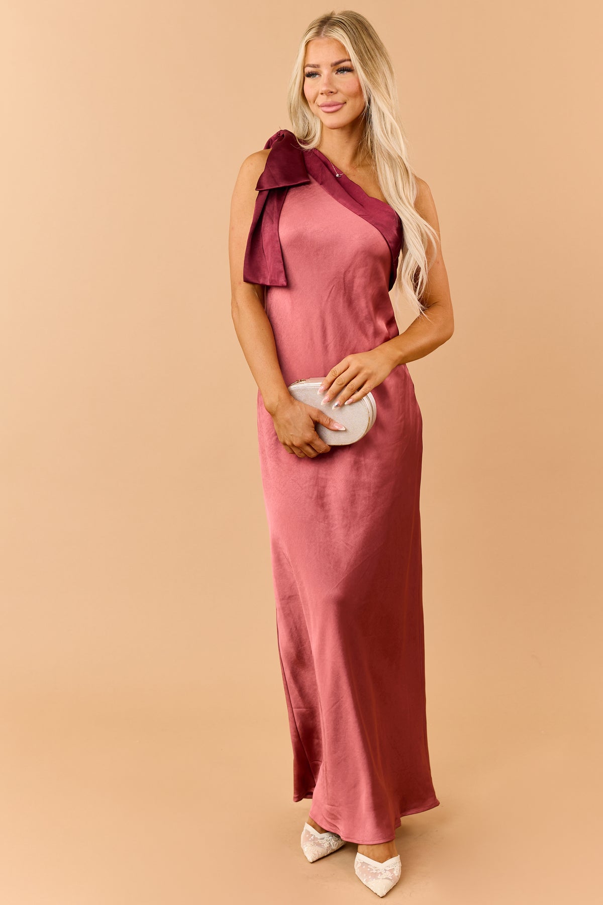 Hibiscus Rose Satin One Shoulder Maxi Dress