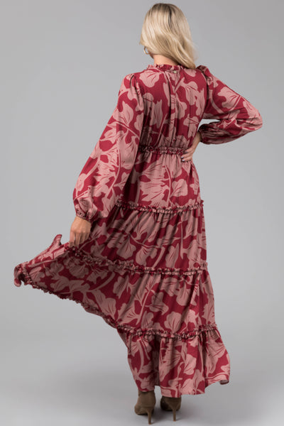Hibiscus and Apricot Floral Print Maxi Dress