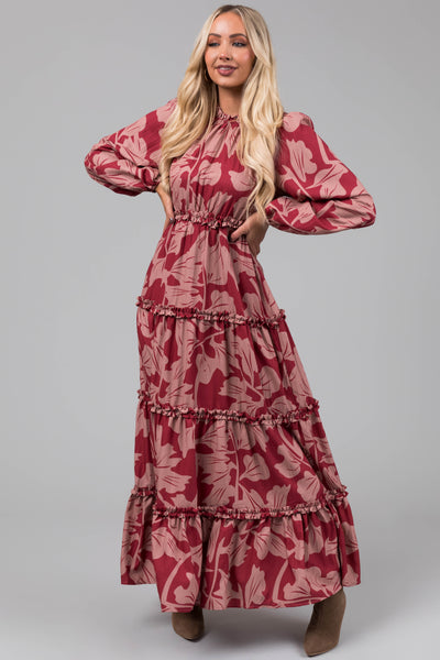 Hibiscus and Apricot Floral Print Maxi Dress