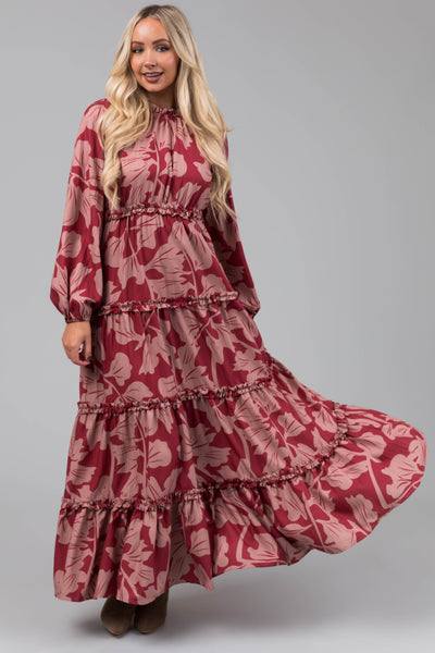 Hibiscus and Apricot Floral Print Maxi Dress