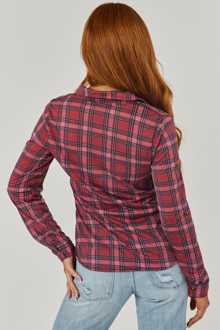 Hibiscus and Black Plaid Top with Chest Pocket