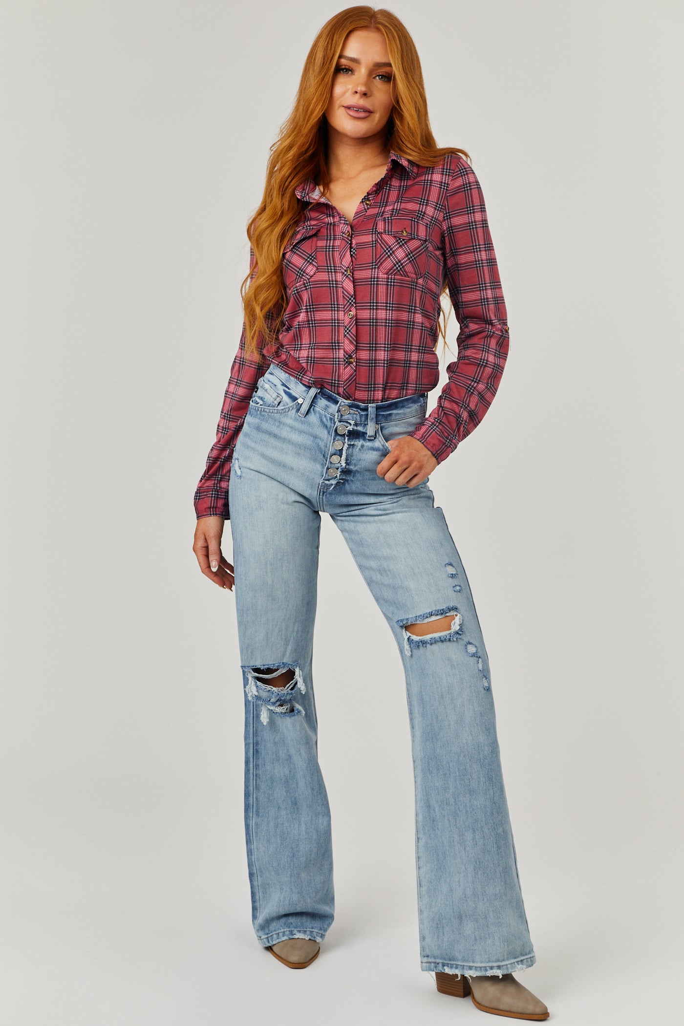 Hibiscus and Black Plaid Top with Chest Pocket