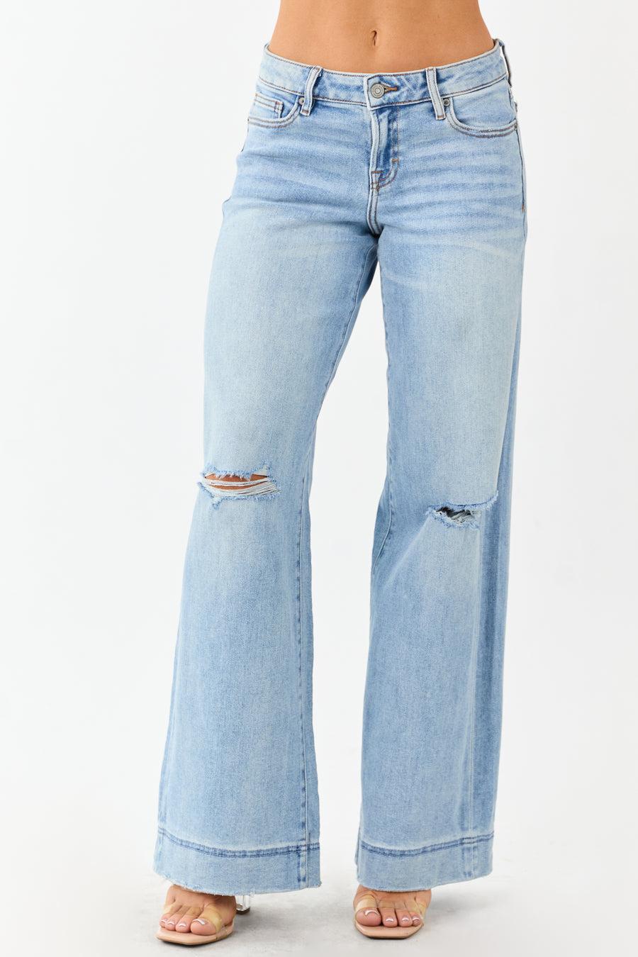 Hidden Light Wash Distressed Stretchy Wide Leg Jeans