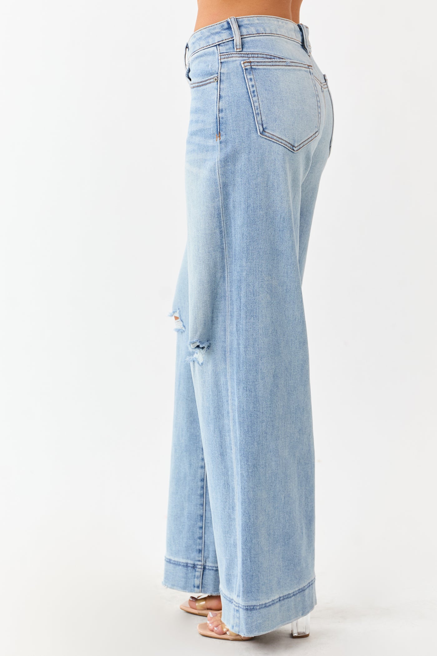 Hidden Light Wash Distressed Stretchy Wide Leg Jeans