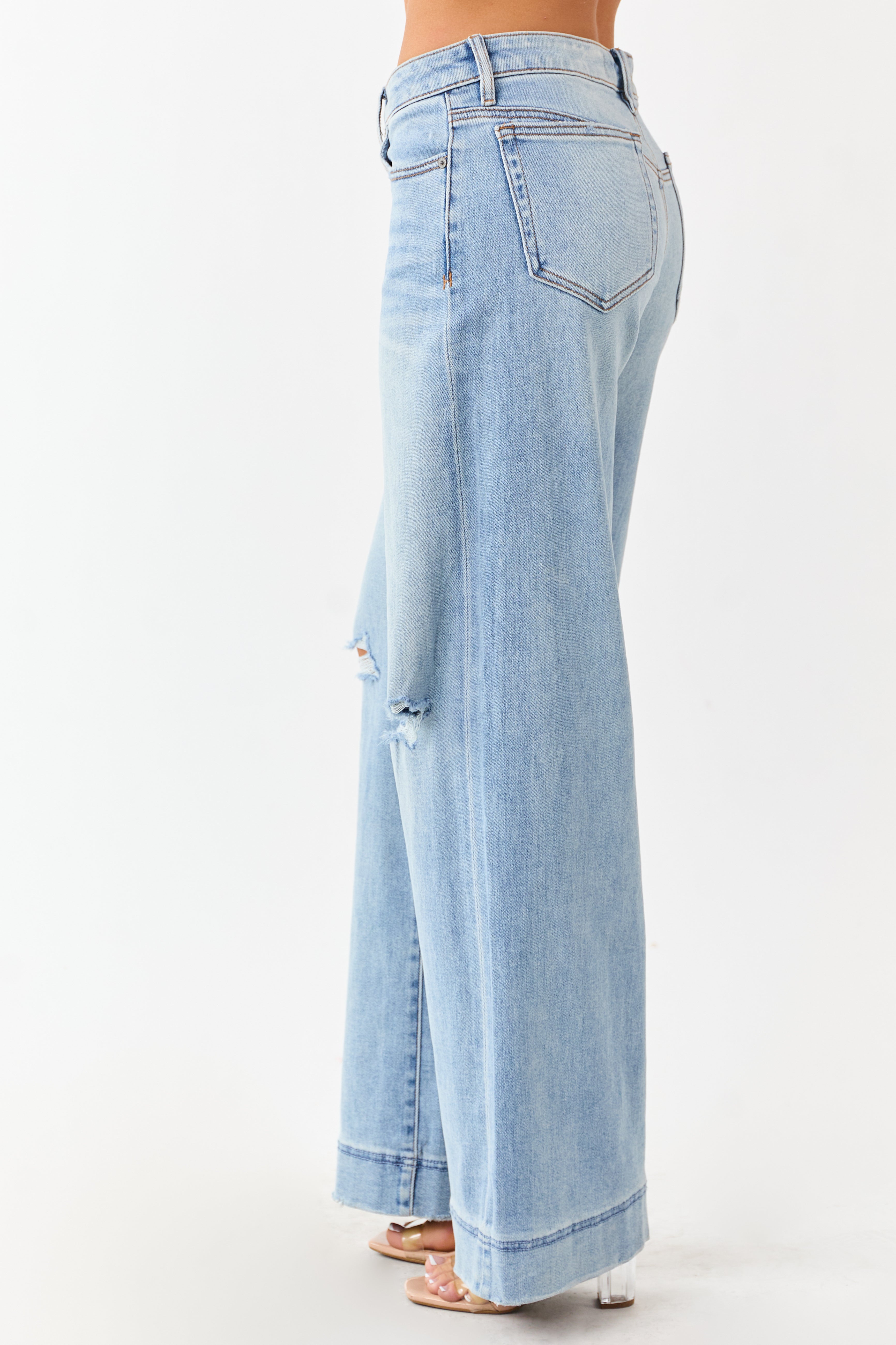 Hidden Light Wash Distressed Stretchy Wide Leg Jeans