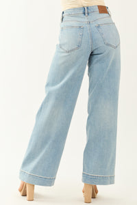 Hidden Light Wash Patch Pocket Stretchy Wide Leg Jeans