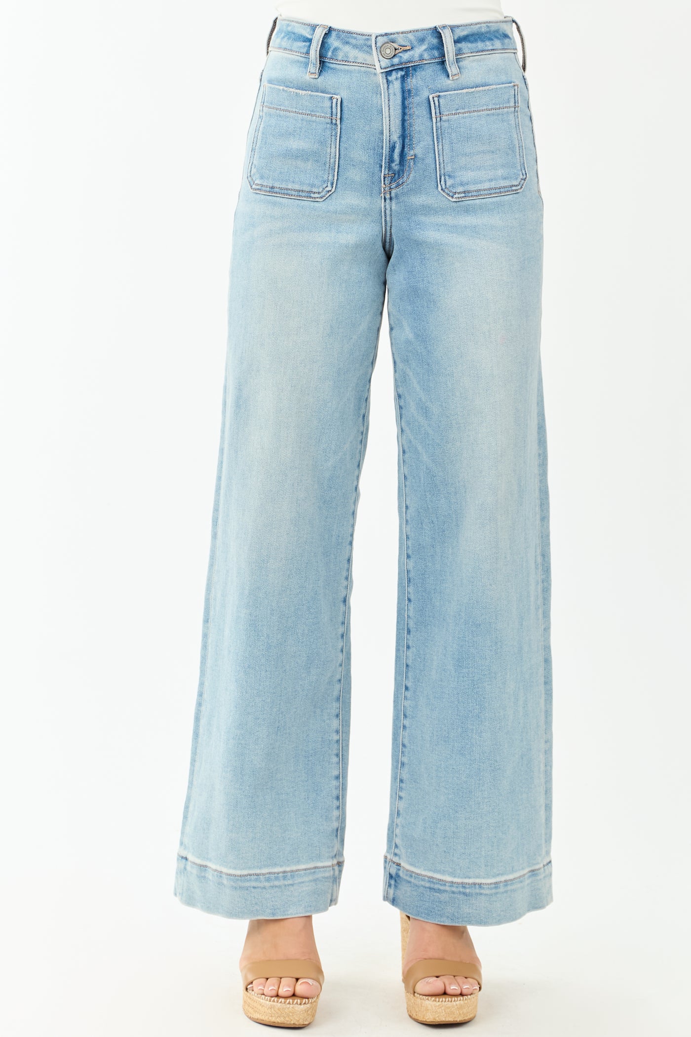 Hidden Light Wash Patch Pocket Stretchy Wide Leg Jeans