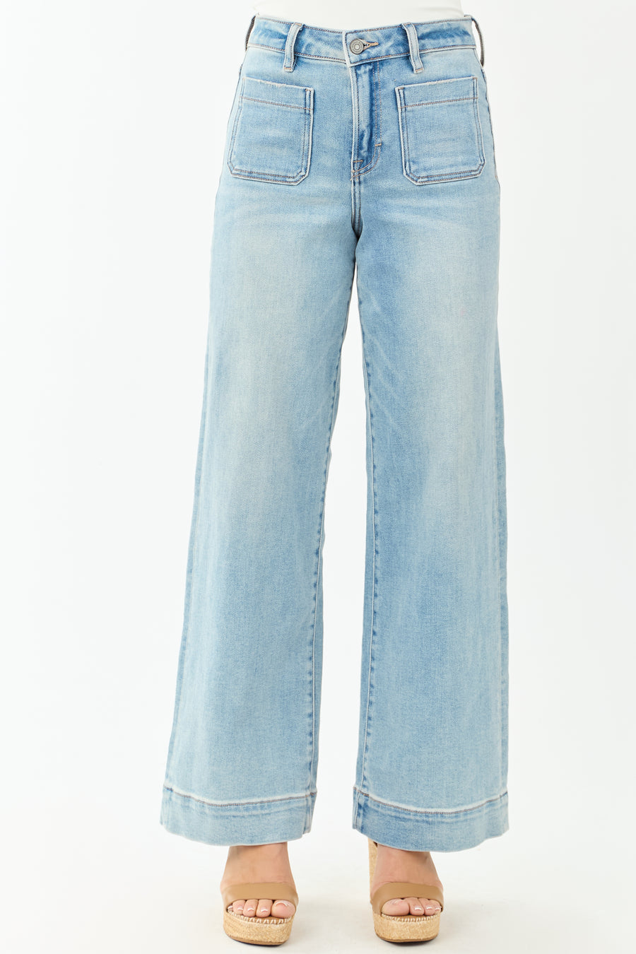 Hidden Light Wash Patch Pocket Stretchy Wide Leg Jeans