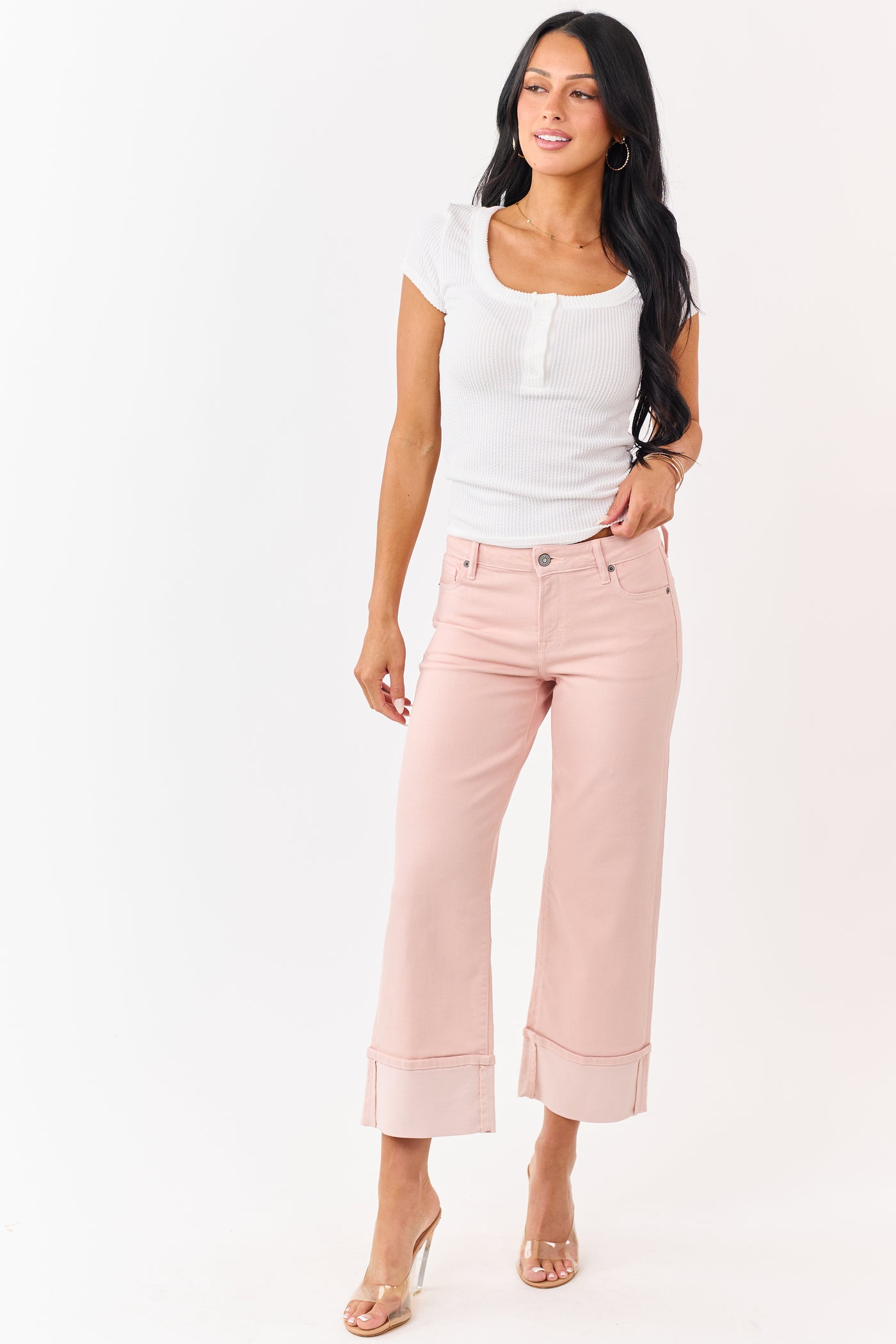 Hidden Premium Dusty Blush Cuffed Wide Stretch Jeans
