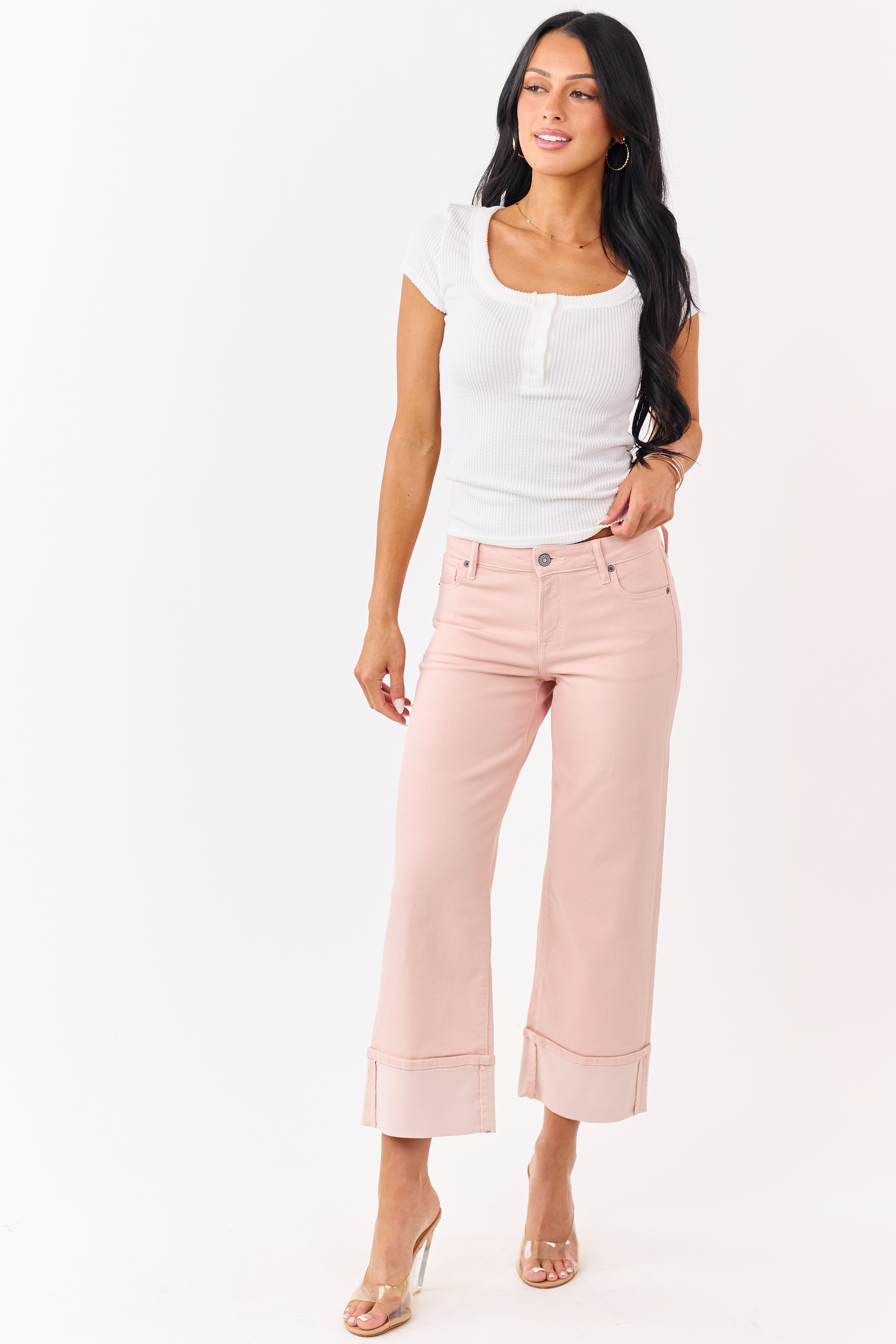 Hidden Premium Dusty Blush Cuffed Wide Stretch Jeans