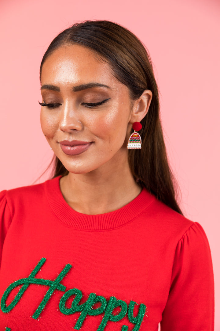 Holiday Red Embellished Beanie Drop Earrings