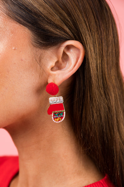 Holiday Red Embellished Mitten Drop Earrings