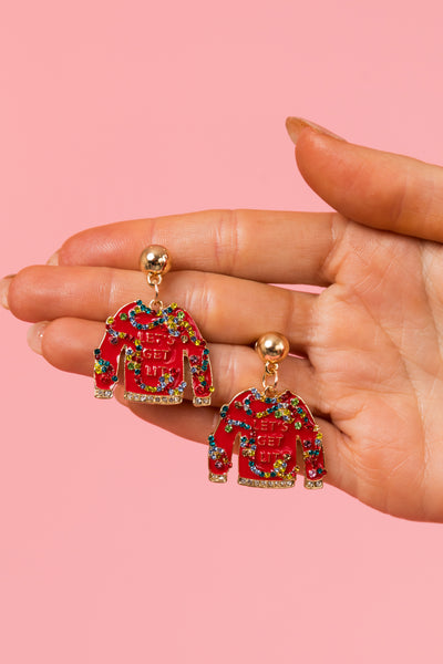 Holiday Red Embellished Sweater Drop Earrings