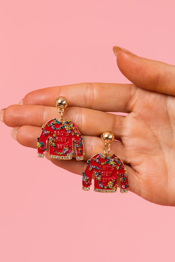 Holiday Red Embellished Sweater Drop Earrings