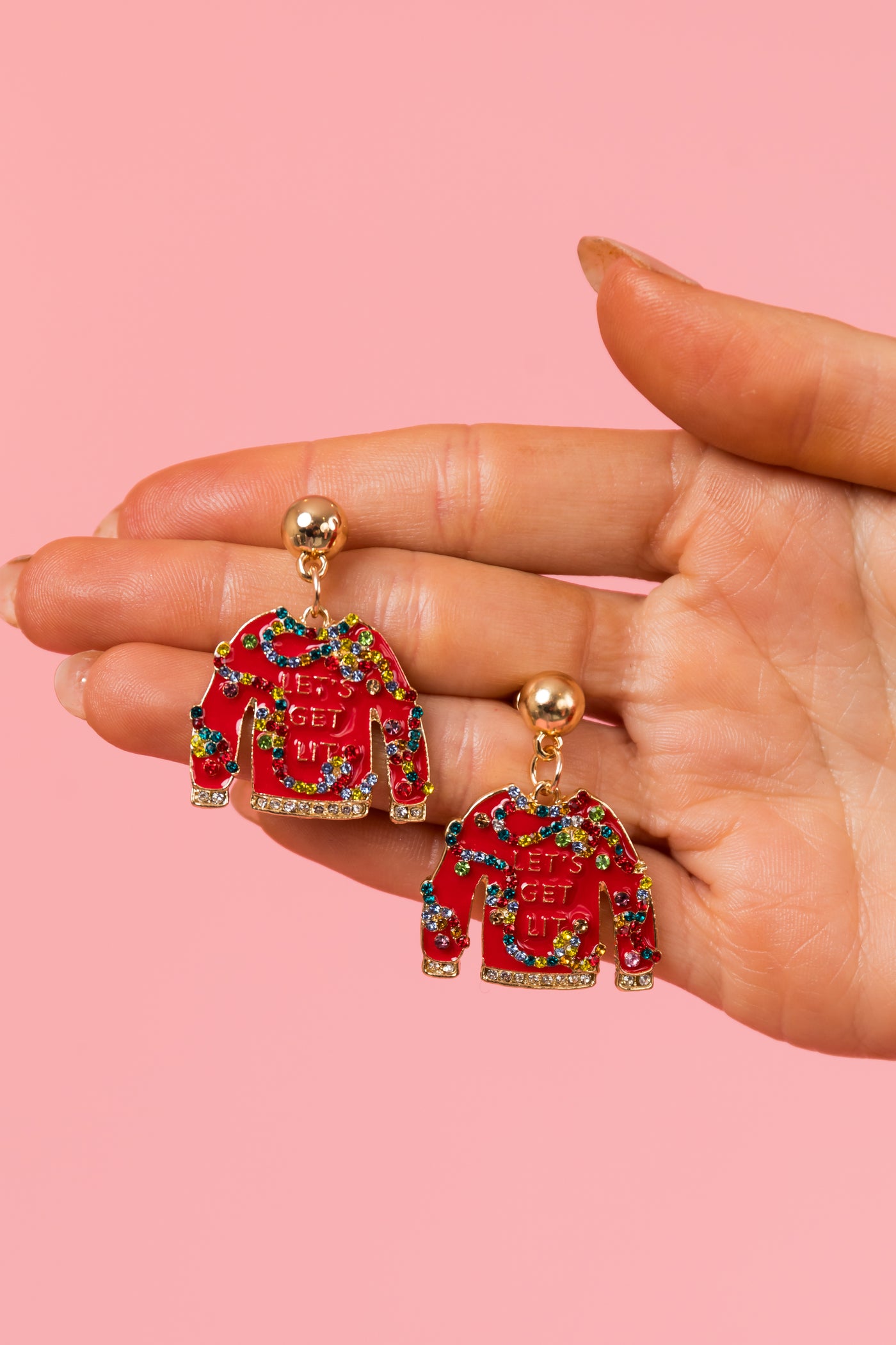 Holiday Red Embellished Sweater Drop Earrings