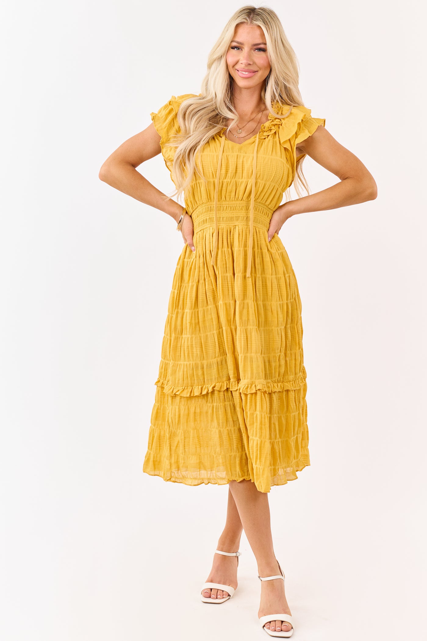 knee length dresses for ladies Honey Textured Flutter Sleeve Smocked Midi Dress