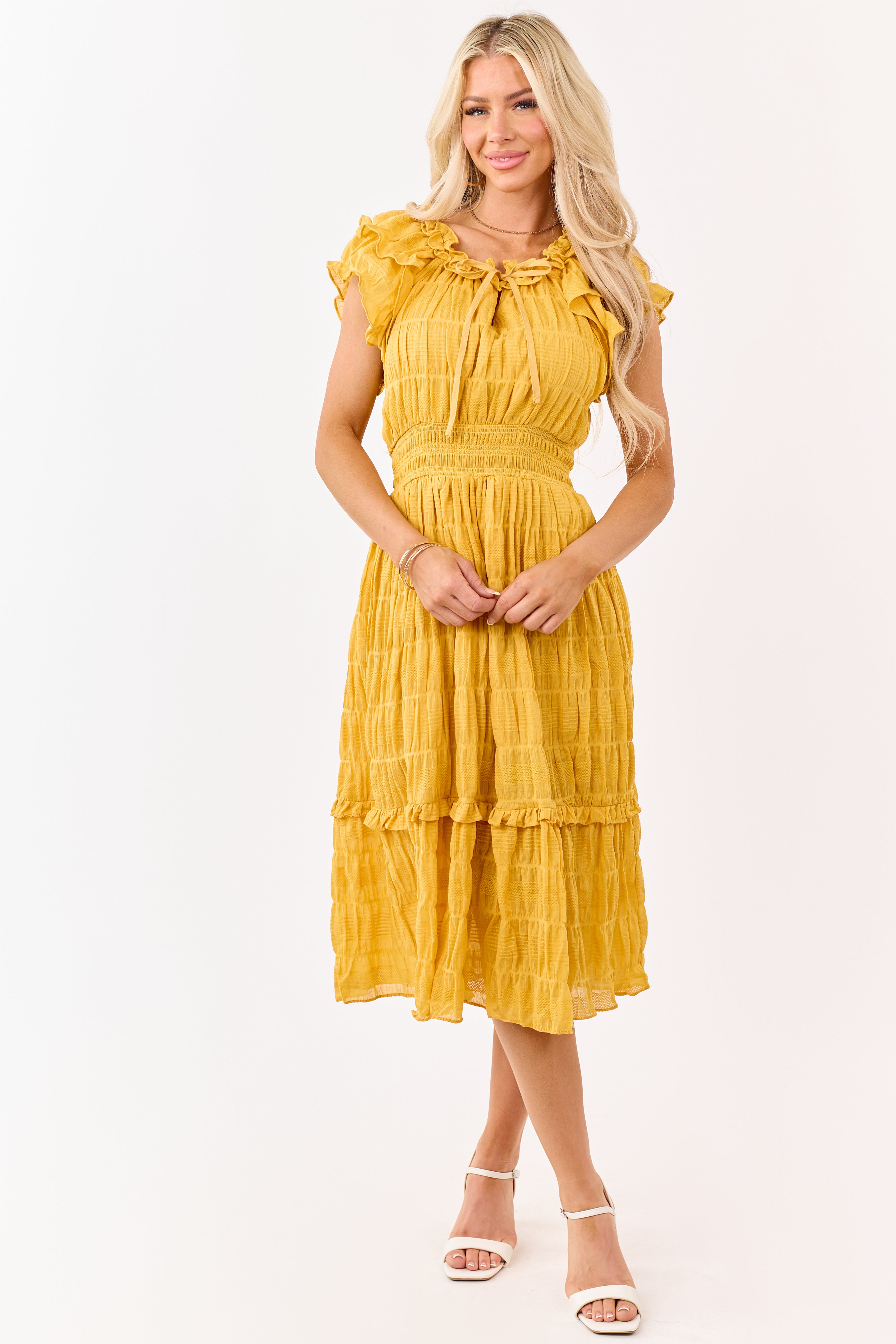 Honey Textured Flutter Sleeve Smocked Midi Dress