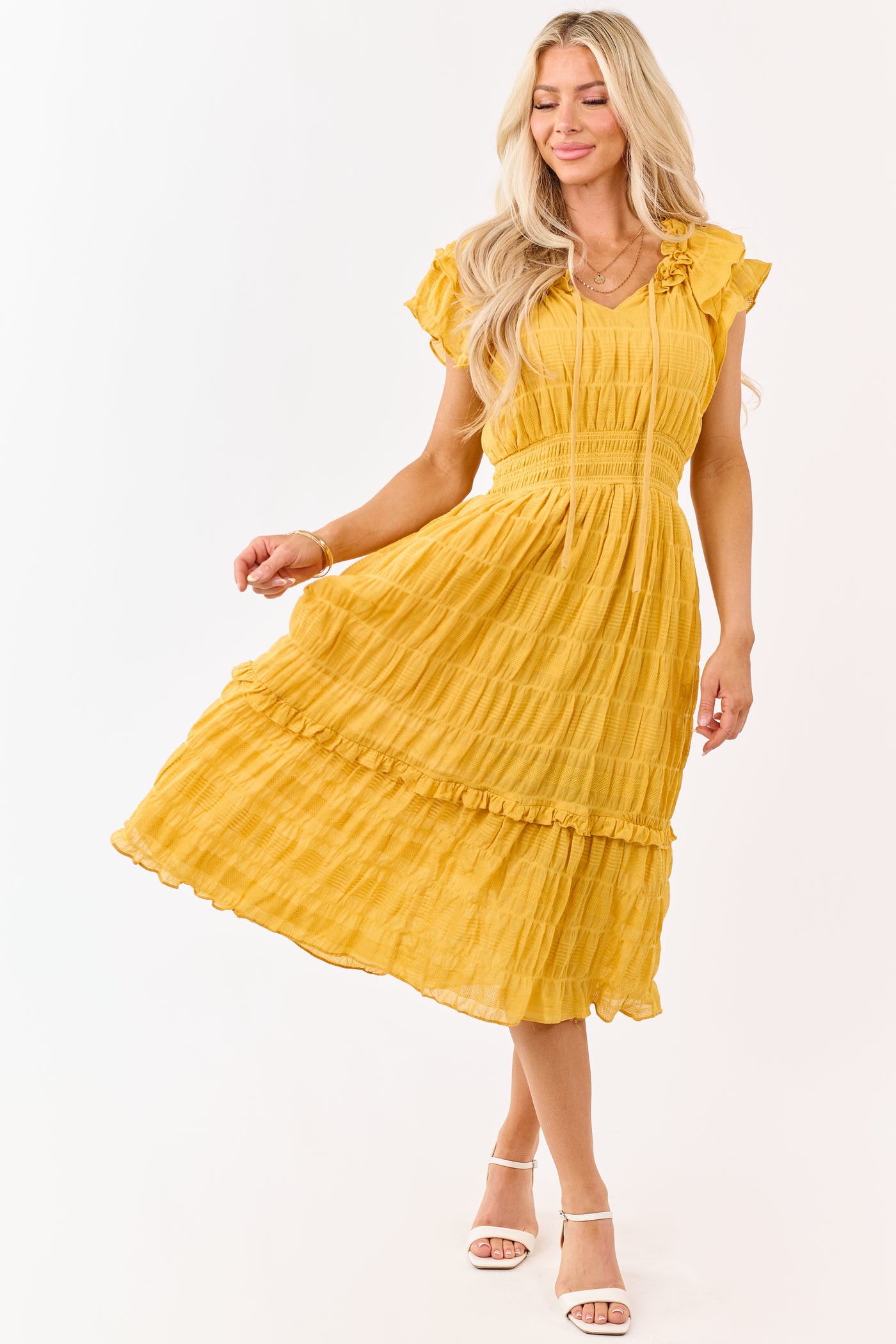 Honey Textured Flutter Sleeve Smocked Midi Dress