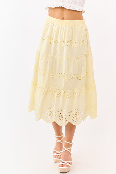 Honeysuckle Cotton Eyelet Lace Tiered Midi Skirt