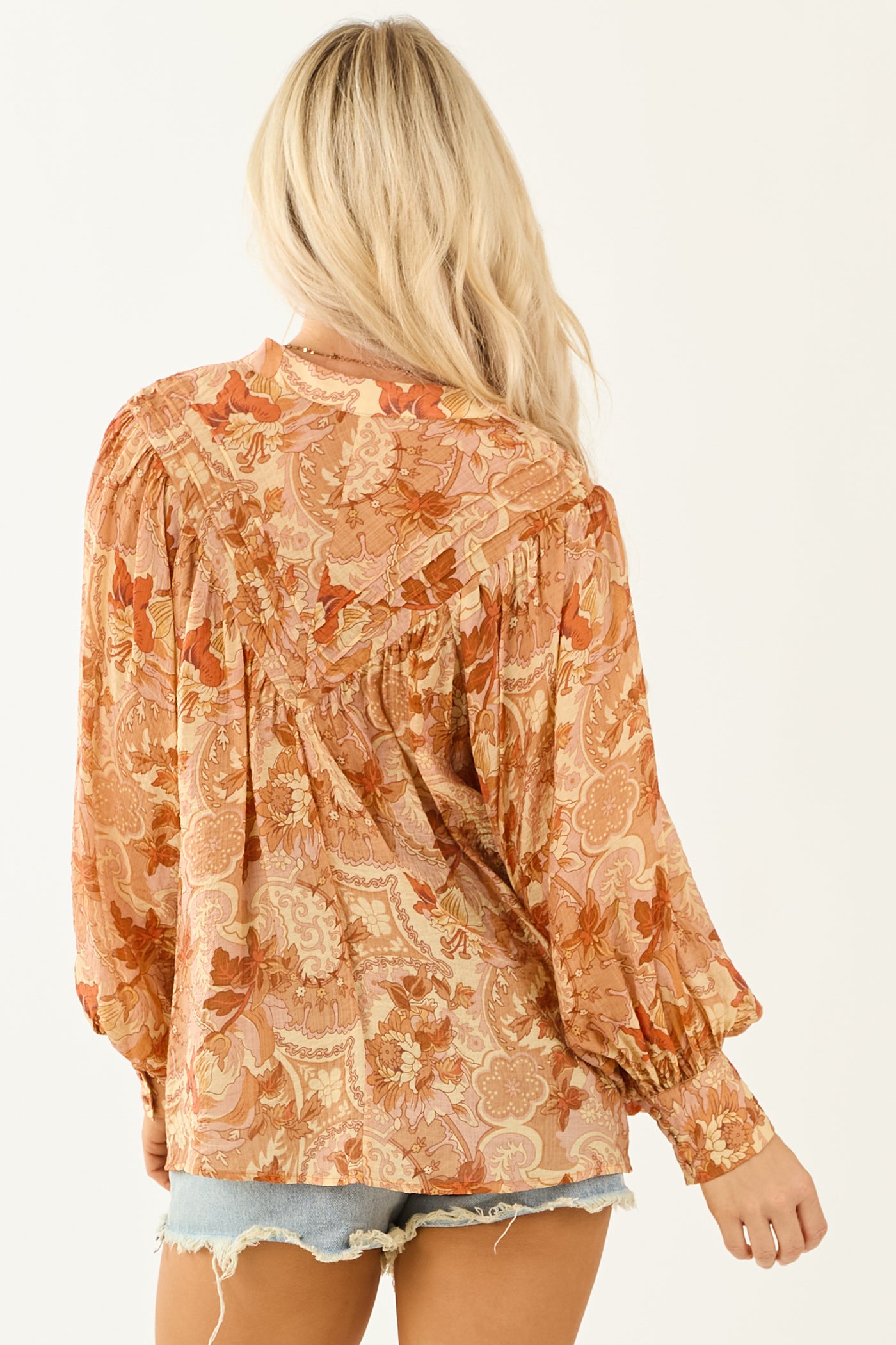 Honeysuckle Paisley Floral Buttoned Pleated Top