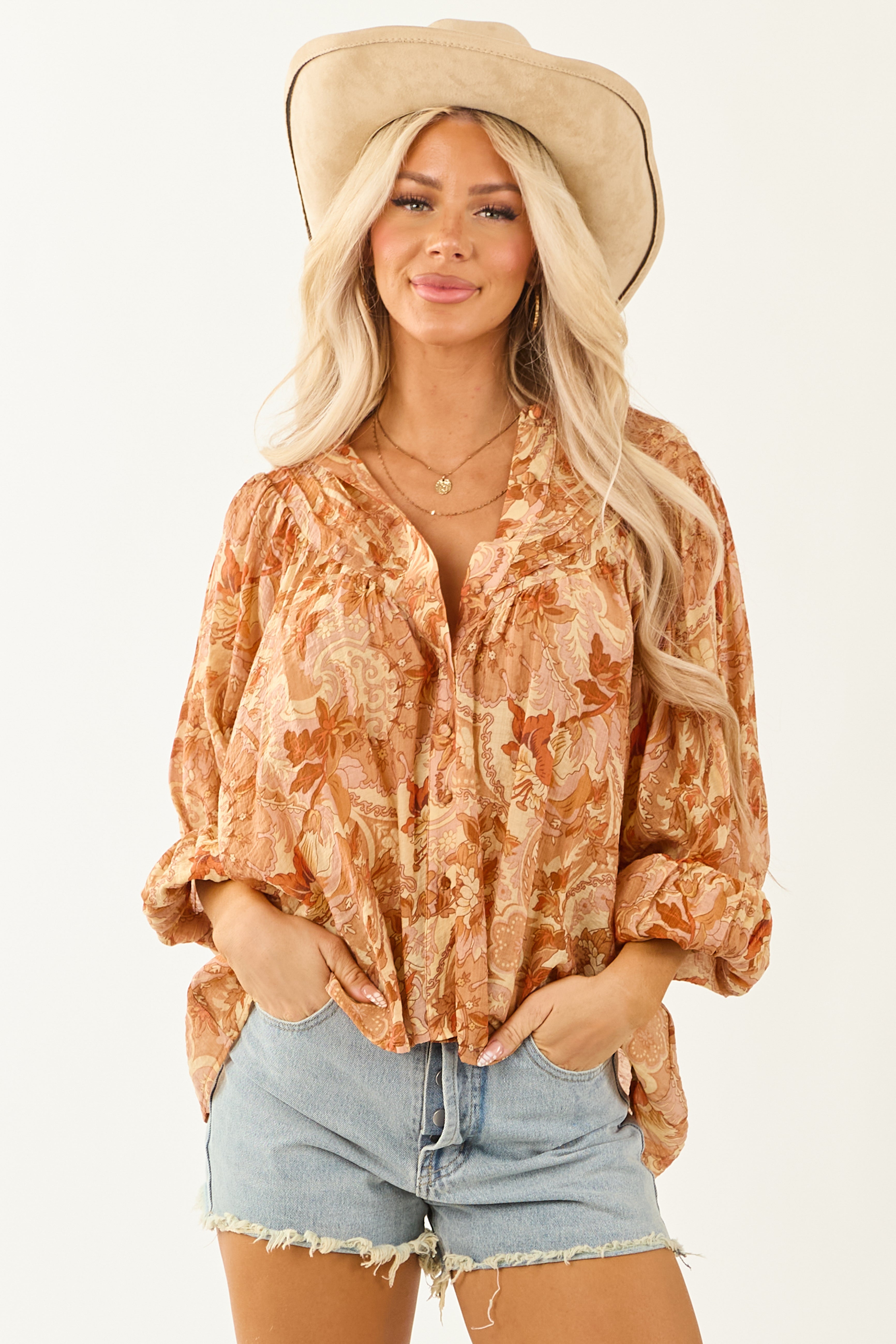 Honeysuckle Paisley Floral Buttoned Pleated Top