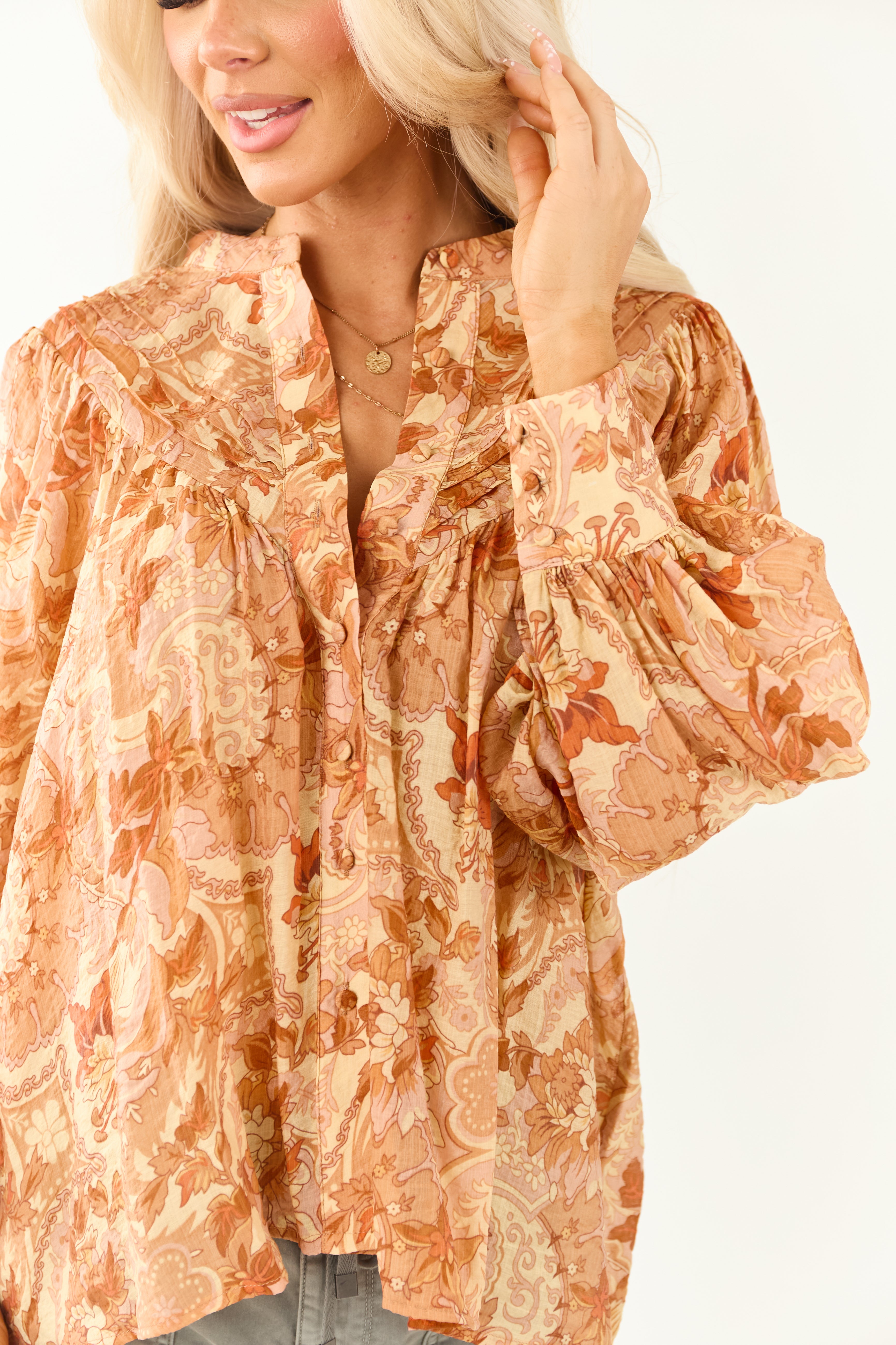 Honeysuckle Paisley Floral Buttoned Pleated Top