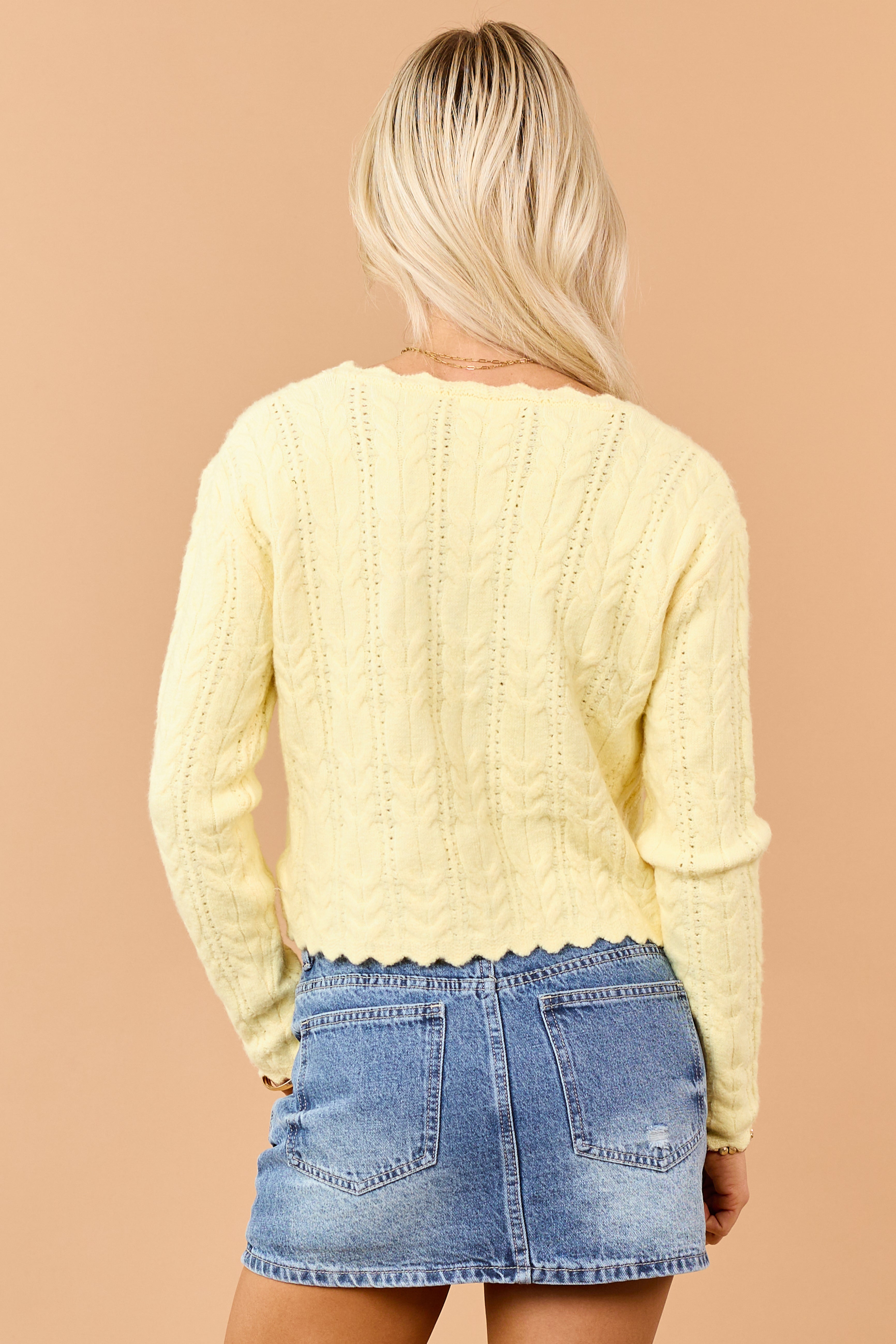 Honeysuckle Scallop Trim Cable Knit Cardigan | Lime Lush Boutique