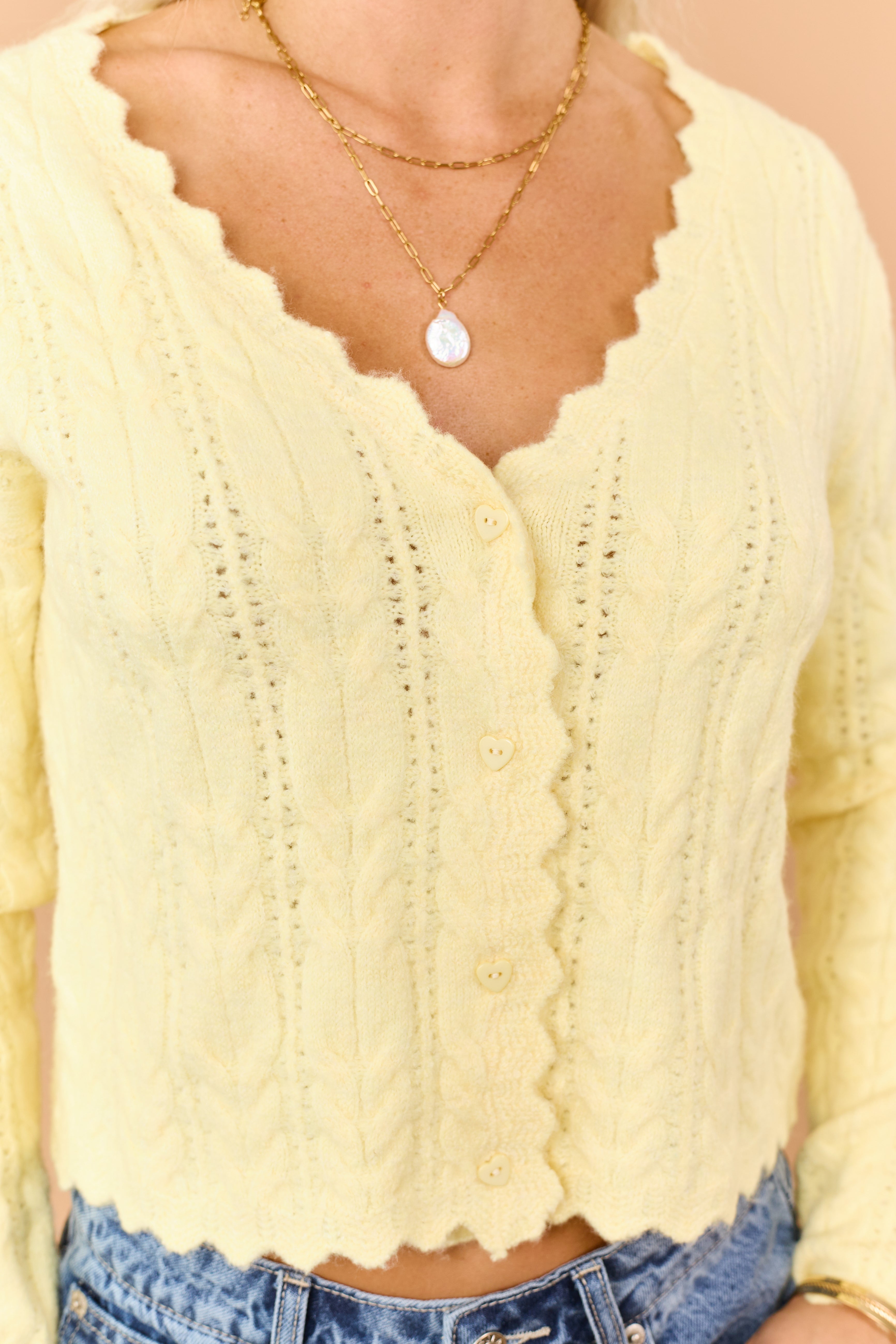 Honeysuckle Scallop Trim Cable Knit Cardigan | Lime Lush Boutique