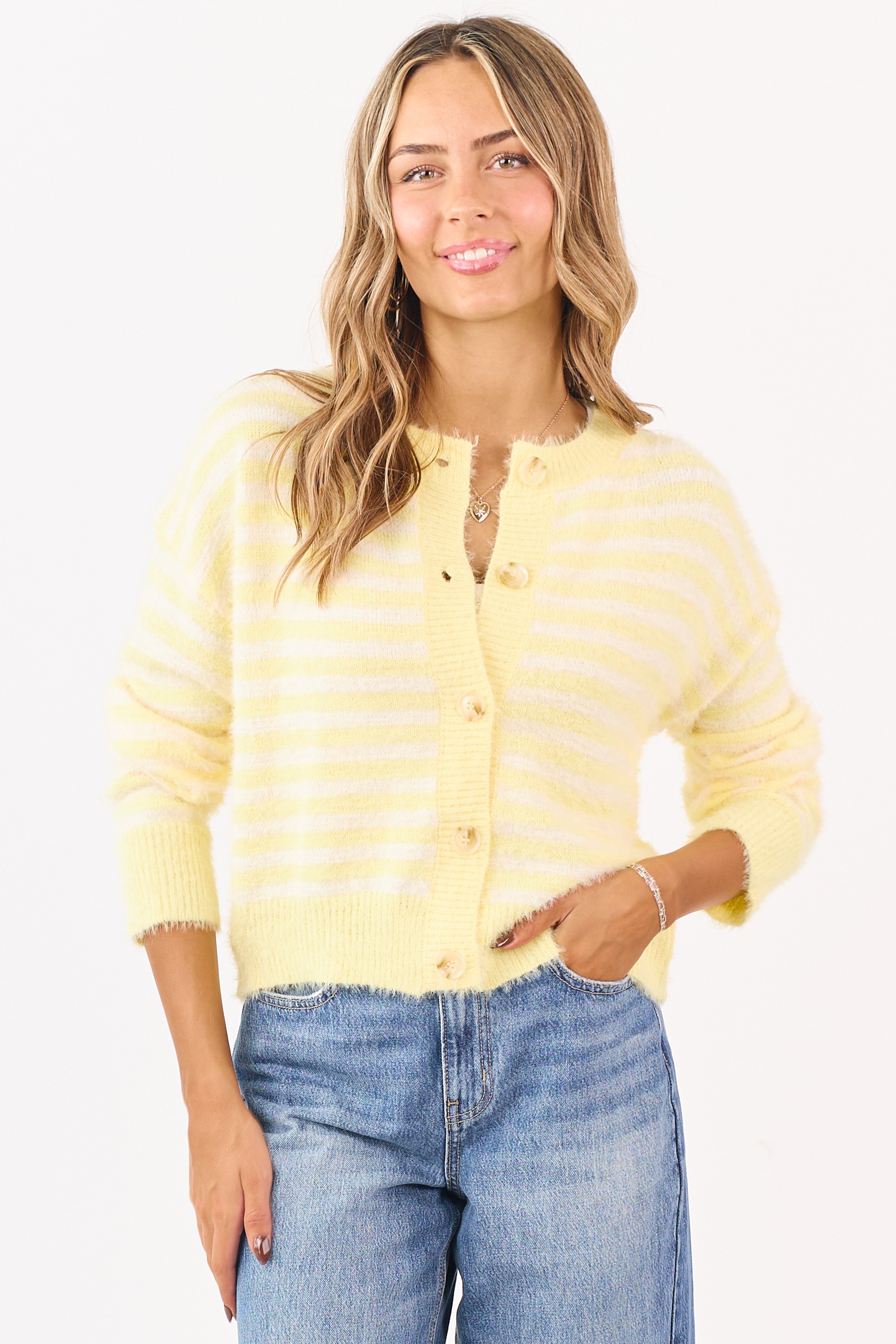 Honeysuckle Striped Button Down Eyelash Knit Cardigan