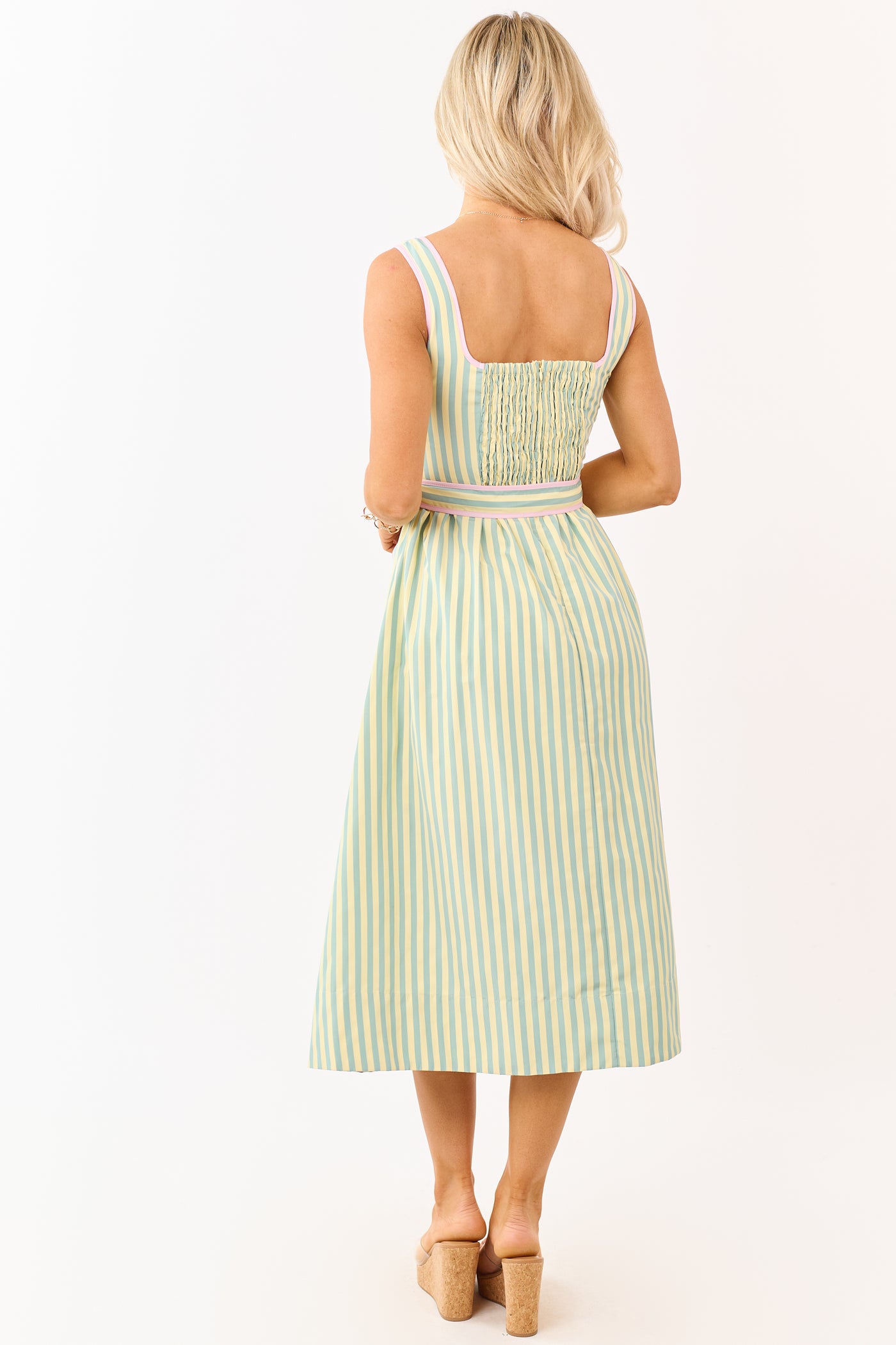 Honeysuckle Striped Notch Neck Waist Tie Midi Dress