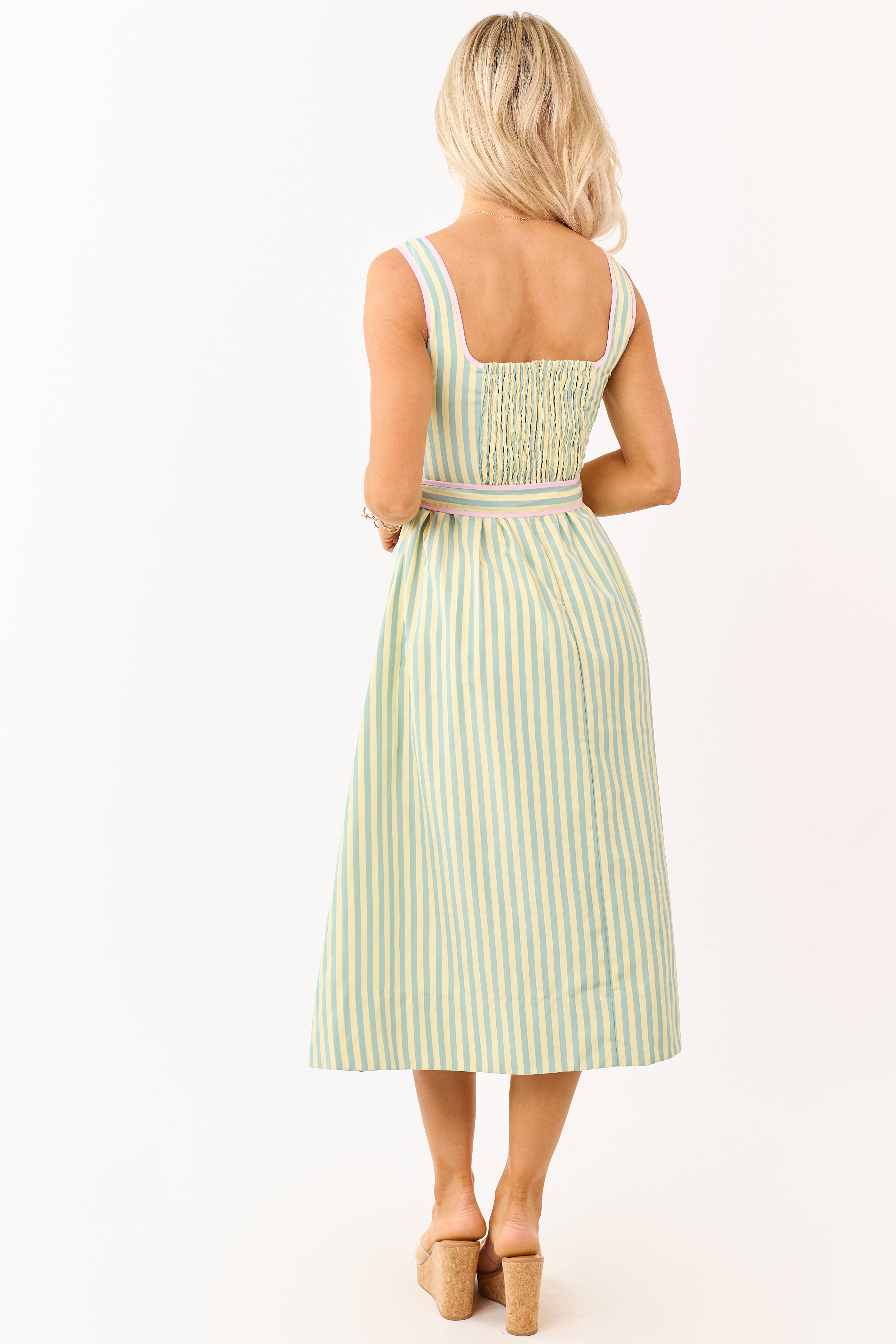 Honeysuckle Striped Notch Neck Waist Tie Midi Dress
