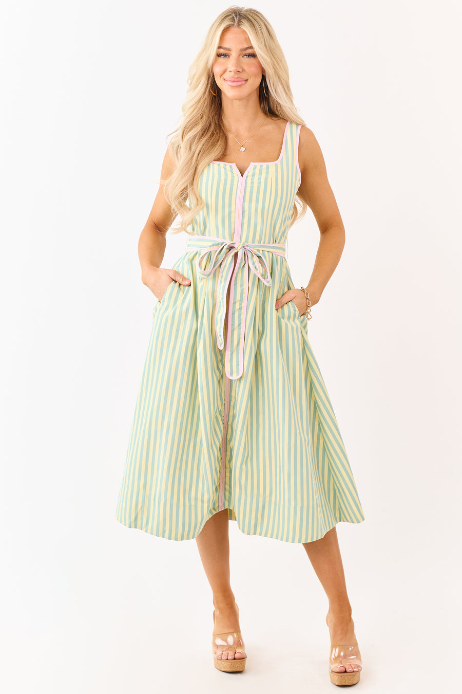Honeysuckle Striped Notch Neck Waist Tie Midi Dress
