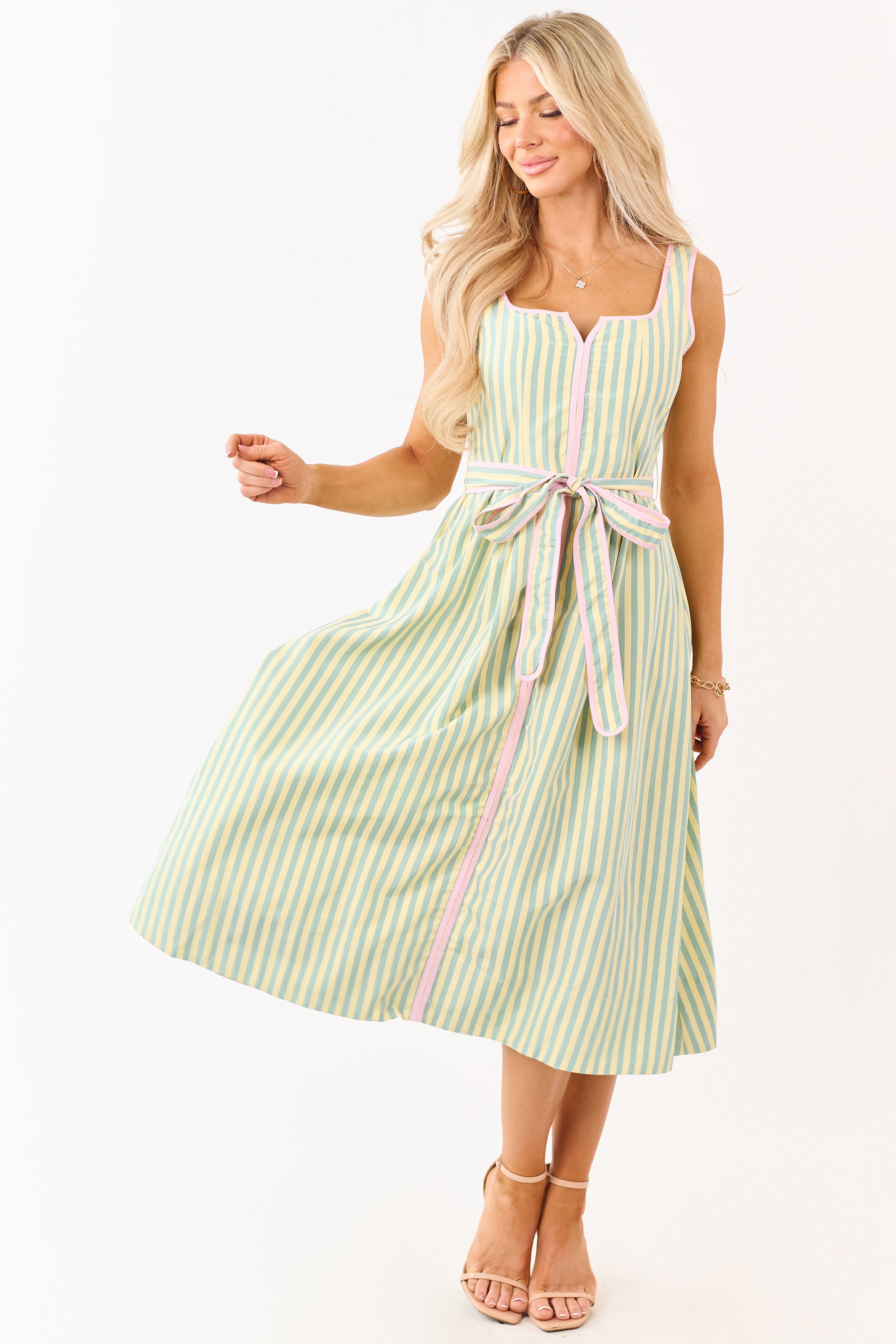 Honeysuckle Striped Notch Neck Waist Tie Midi Dress