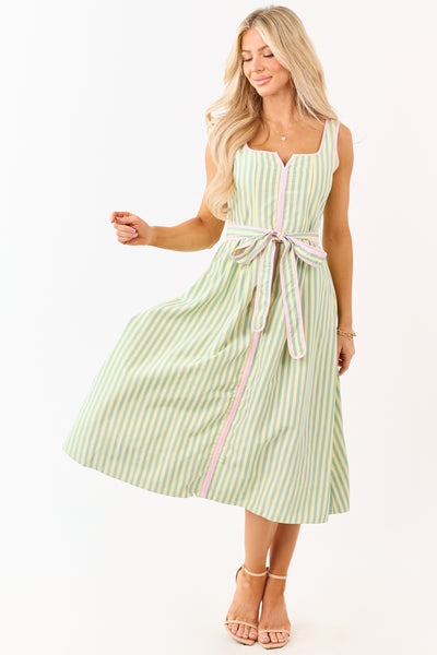 Honeysuckle Striped Notch Neck Waist Tie Midi Dress
