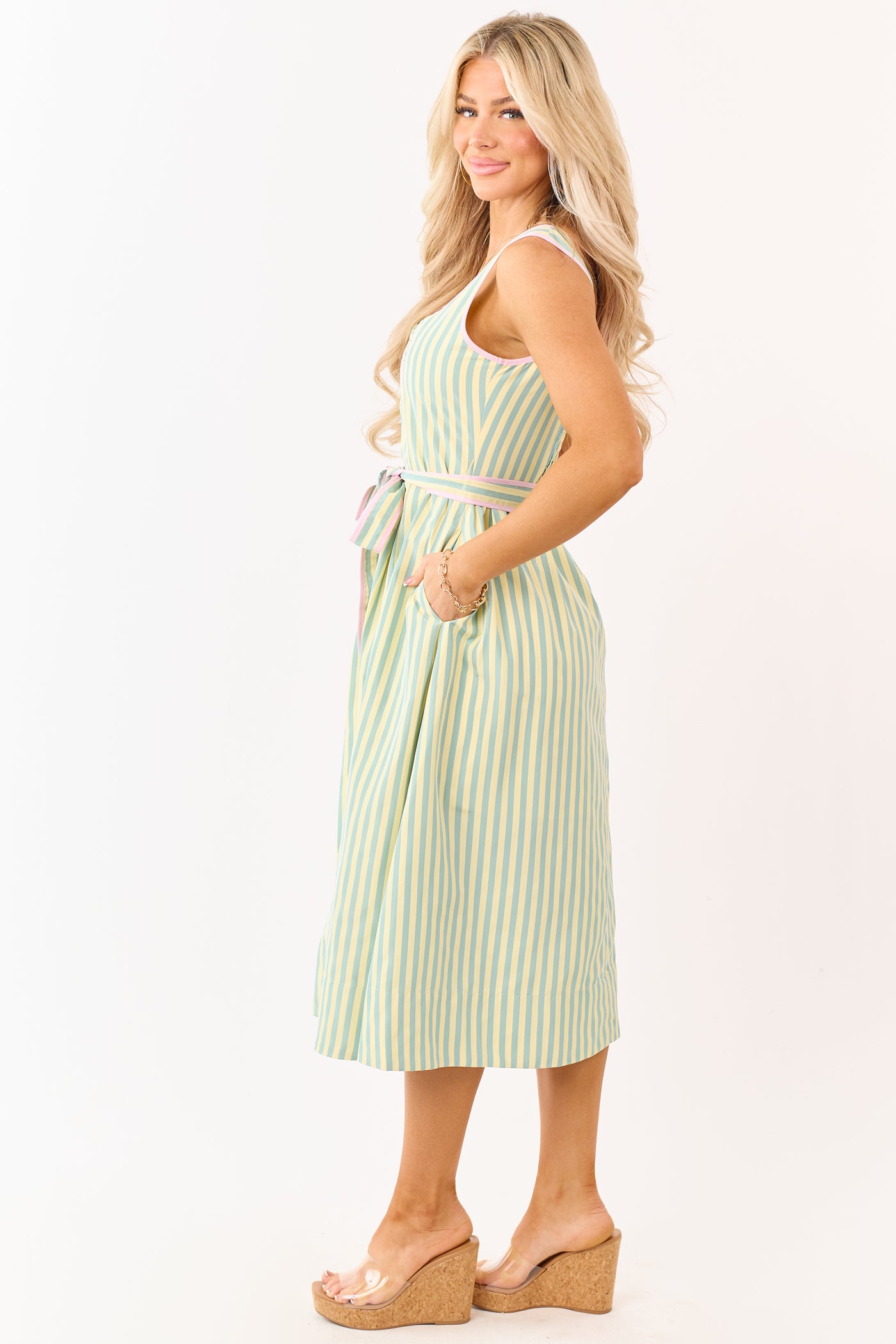 Honeysuckle Striped Notch Neck Waist Tie Midi Dress