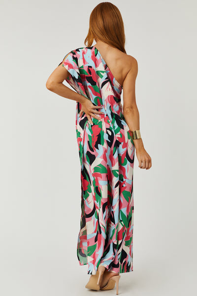 Hot Pink Abstract Print One Shoulder Maxi Dress