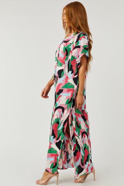 Hot Pink Abstract Print One Shoulder Maxi Dress