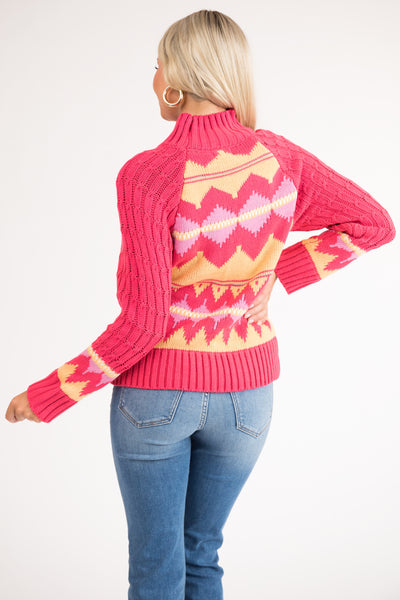 Hot Pink Abstract Print Turtleneck Sweater
