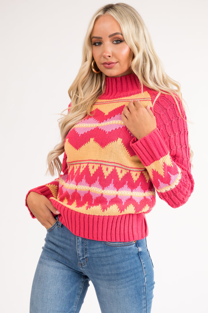 Hot Pink Abstract Print Turtleneck Sweater