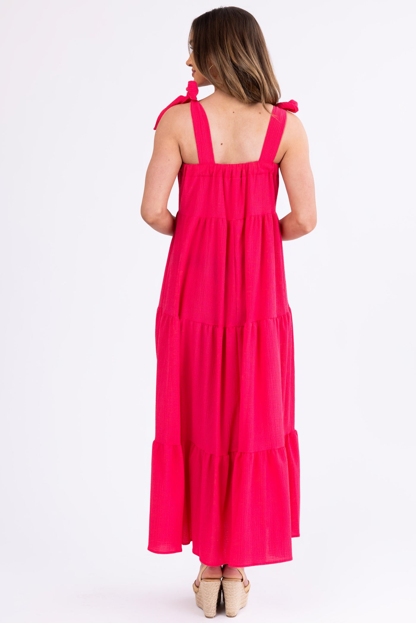 Hot Pink Adjustable Tie Strap Tiered Maxi Dress