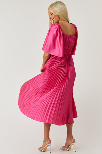 Hot Pink Bell Sleeve Pleated Satin Midi Dress